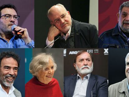 De izquierda a derecha, Antonio Helguera, Lorenzo Meyer, Pedro Miguel, Damián Alcázar, Elena Poniatowska, Epigmenio Ibarra
y Rafael Barajas, alias El Fisgón, algunos de los intelectuales mencionados por López Obrador en su conferencia matutina del 26 de abril.