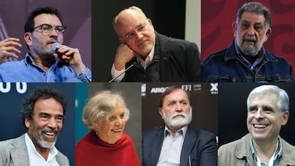 De izquierda a derecha, Antonio Helguera, Lorenzo Meyer, Pedro Miguel, Damián Alcázar, Elena Poniatowska, Epigmenio Ibarra
y Rafael Barajas, alias El Fisgón, algunos de los intelectuales mencionados por López Obrador en su conferencia matutina del 26 de abril.