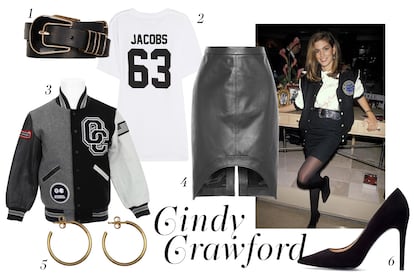 El look sport chic de Cindy Crawford: 1. Cinturón de Topshop (36 euros). 2. Camiseta de LPD New York (84 euros). 3. Beisbolera de Opening Ceremony (360 euros). 4. Falda de cuero de Givenchy (1200 euros). 5. Pendientes de Aristocrazy (49 euros). 6. Zapatos de salón de Zara (49,95 euros).