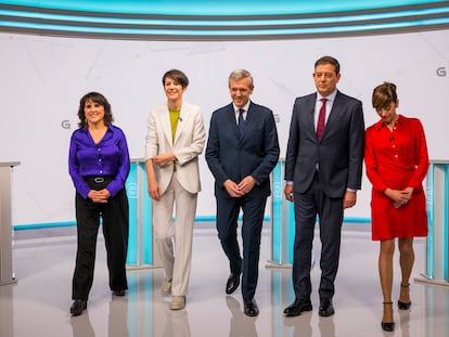 Los candidatos a las elecciones gallegas que han participado en el debate de la televisión autonómica este lunes; Isabel Faraldo (Podemos), Ana Pontón (BNG), Alfonso Rueda (PP), José Ramón Gómez Besteiro (PSOE) y Marta Lois (Sumar).