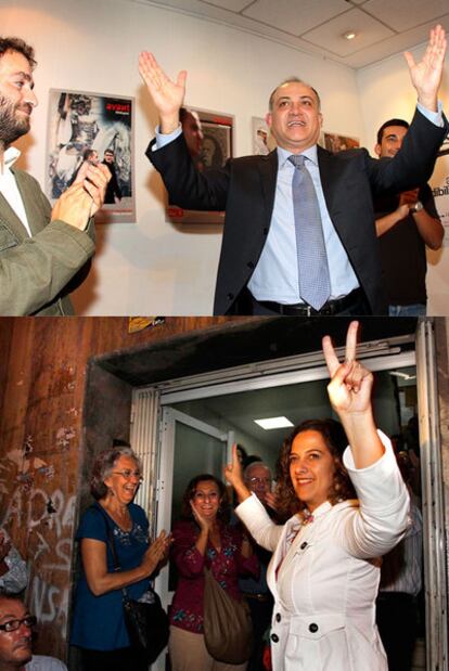 Joan Calabuig, vencedor de las primarias socialistas en Valencia, ayer, tras conocer el resultado de las elecciones. Abajo, Elena Martín celebra su victoria en Alicante.