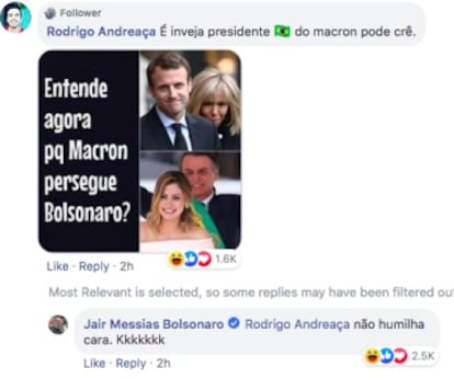 Captura de tela do comentário do presidente do Brasil troçando-se de Brigitte Macron.