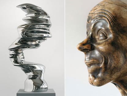 A la izquierda: <i>Close Quarters</i> (2006), de Tony Cragg. A la derecha, <i>El simplón</i> (posterior a 1770), de Franz Xaver Messerschmidt.