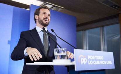 El presidente del PP y candidato a la presidencia del Gobierno, Pablo Casado, este martes en Santander.