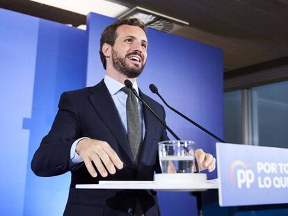 El presidente del PP y candidato a la presidencia del Gobierno, Pablo Casado, este martes en Santander.