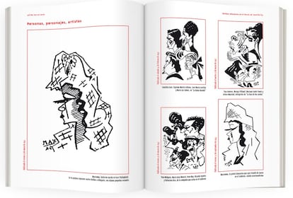 Doble página del libro de dibujos de Delibes, con algunas de sus caricaturas.