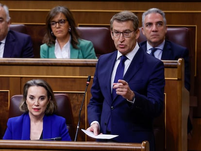 El líder popular, Alberto Núñez Feijóo, este miércoles durante la sesión de control al Gobierno en el Congreso.