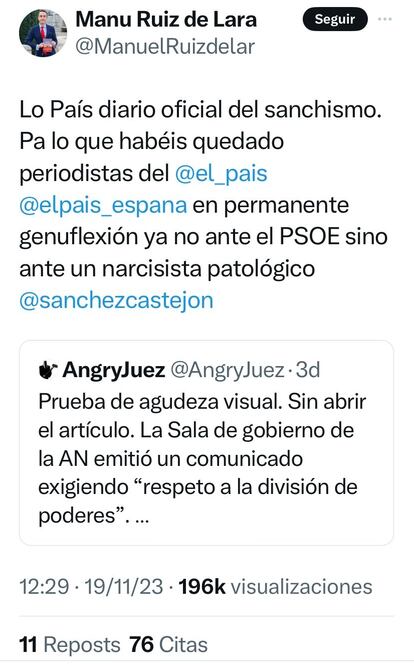 Captura de la cuenta de X (Antes Twitter) de Manuel Ruiz de Lara.
