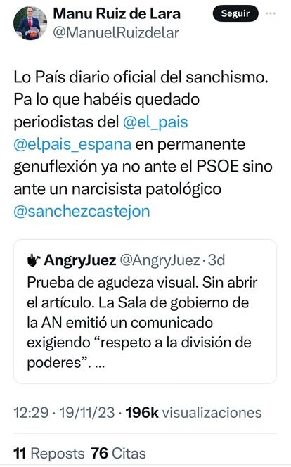 Captura de la cuenta de X (Antes Twitter) de Manuel Ruiz de Lara.