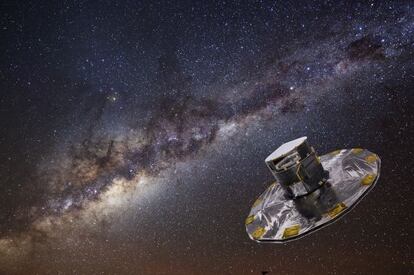 Ilustración del telescopio 'Gaia' sobre una fotografía de la Vía Láctea.