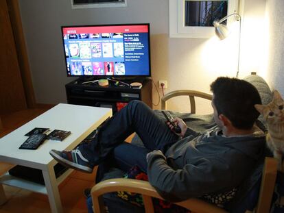 Un joven ve la televisión en el salón de su casa.