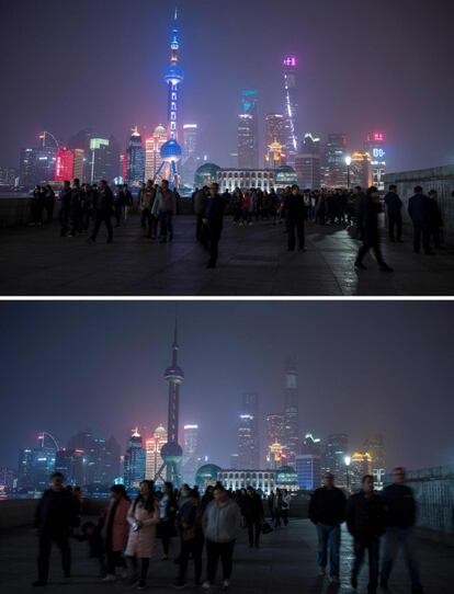 Vista del distrito financiero de Shanghái (China), antes y después de la Hora del Planeta.