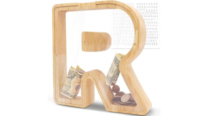 Personalized wooden piggy bank.