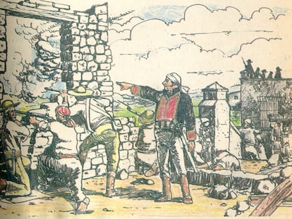 José María Morelos da órdenes durante una batalla, en una ilustración.