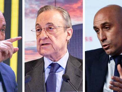 Javier Tebas, presidente de LaLiga; Florentino Pérez, presidente del Real Madrid; y Luis Rubiales, presidente de la RFEF.