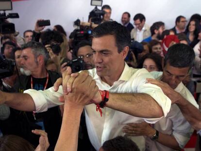 Pedro Sánchez celebra su victoria en las primarias socialistas, el pasado 21 de mayo.