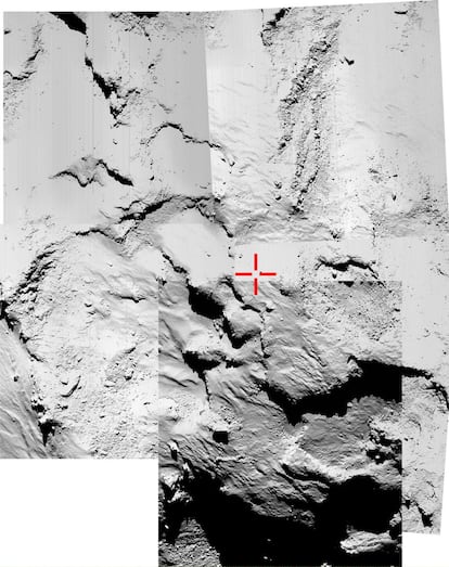 Un montaje realizado a partir de cinco fotos con el mismo prop&oacute;sitos de mostrar el lugar en el que est&aacute; &#039;Philae&#039;.