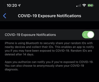 Notificaciones de proximidad a casos de Covid-19 de Apple en iOs 13.5.