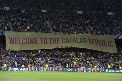 Una de las pancartas que se despleg&oacute; en el Camp Nou en el partido contra la Juventus. 