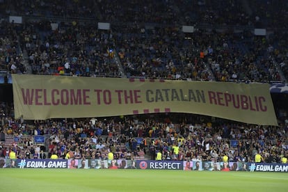 Una de las pancartas que se despleg&oacute; en el Camp Nou en el partido contra la Juventus. 