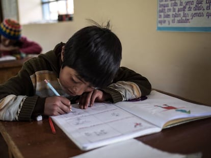 Un niño hace los deberes durante una clase en el colegio de Huaycho, una localidad campesina de Puno, en Perú.