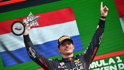 Max Verstappen celebra su victoria, este domingo.