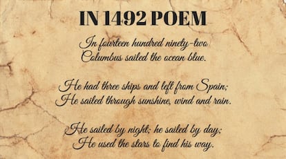 Início do poema ‘1492’. Seus primeiros versos dizem: “Em mil quatrocentos e noventa e dois / Colombo navegou o oceano azul.// Tinha três navios e partiu da Espanha / Navegou sob o sol, o vento e a chuva. // Navegou de noite; navegou de dia. / Usou as estrelas para achar o caminho”.