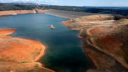 Dry hillsides surround Lake Oroville on May 22, 2021