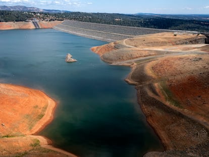 Dry hillsides surround Lake Oroville on May 22, 2021