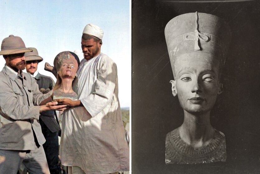 El busto de Nefertiti hallado por los alamanes en Amarna, en una foto de la época del descubrimiento coloreada.