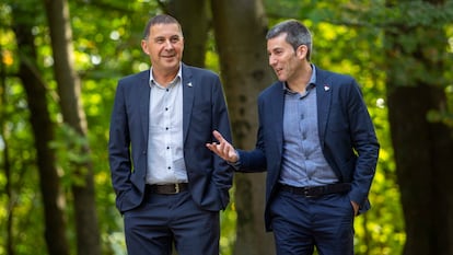 Arnaldo Otegi (EH Bildu) and Arkaitz Rodríguez (Sortu) on Monday morning in San Sebastián.