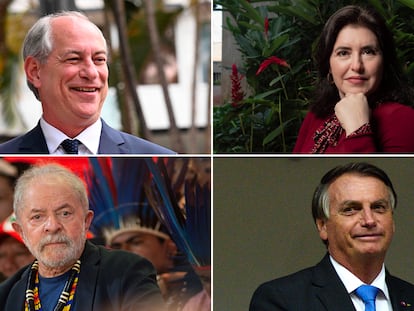 Ciro Gomes, de 64 años (centroizquierda), Simone Tebet, de 52 años (centroderecha), Luiz Inacio Lula da Silva, de 76 años (izquierda) y Jair Bolsonaro, de 67 años (ultraderecha).