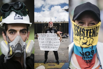 Manifestantes nas ruas de Bogotá, Colômbia, o 26 de maio.