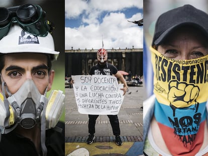 Manifestantes nas ruas de Bogotá, Colômbia, o 26 de maio.