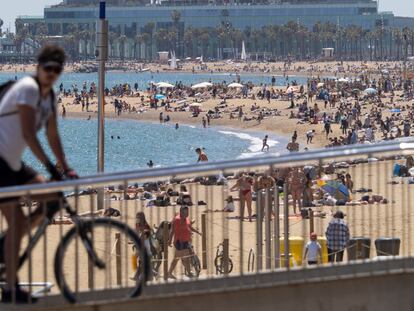 The beach in Barcelona where the woman went for a swim.