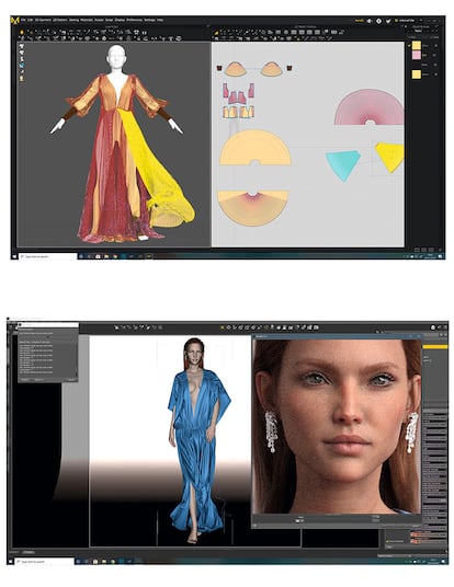 Imágenes del proceso de creación del editorial de moda en el que se han replicado por ordenador vestidos de firmas reales para adaptarlos a Dagny, la modelo virtual.