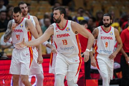 Marc Gasol, Ricky Rubio, Juancho Hernangómez y Víctor Claver con la selección española de baloncesto durante el Mundial de China.