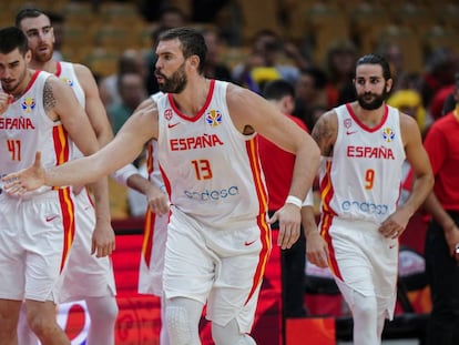 Marc Gasol, Ricky Rubio, Juancho Hernangómez y Víctor Claver con la selección española de baloncesto durante el Mundial de China.