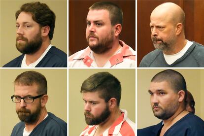 This combination of photos shows, from top left, former Rankin County sheriff's deputies Hunter Elward, Christian Dedmon, Brett McAlpin, Jeffrey Middleton, Daniel Opdyke and former Richland police officer Joshua Hartfield appearing at the Rankin County Circuit Court in Brandon, Miss., Aug. 14, 2023