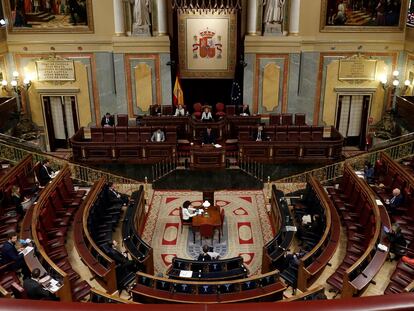 El presidente del Gobierno, Pedro Sánchez, durante su intervención en el pleno del Congreso el miércoles.