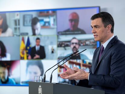 El presidente del Gobierno, Pedro Sánchez, durante la rueda de prensa que ha ofrecido este sábado en Moncloa.