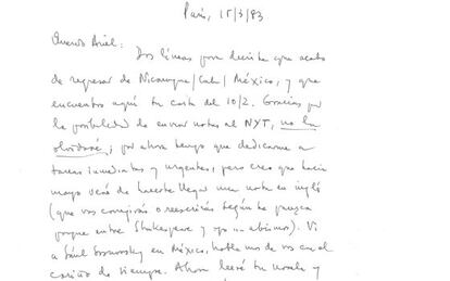 Carta manuscrita de Cortázar a Dorfman, marzo de 1983.