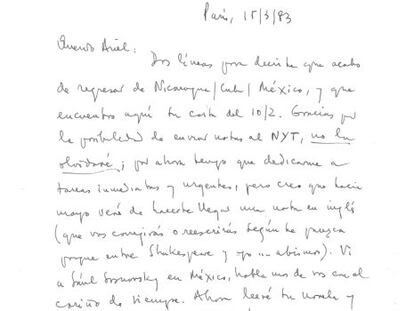 Carta manuscrita de Cortázar a Dorfman, marzo de 1983.