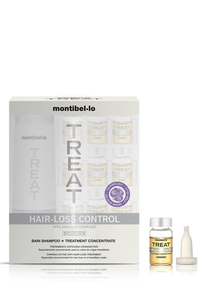 CON NUEVAS TECNOLOGÍAS. La gama Treat de Montibello, concebida para luchar contra problemas específicos del cabello, trae una nueva tecnología inspirada en las células madre para su tratamiento Hair-Loss Control. Se trata de un tratamiento anticaída cronoactivo concebido para actuar sobre los factores que la provocan: ambientales, biológicos y genéticos. Previene el envejecimiento del folículo piloso, protege de las agresiones externas, hace que el pelo permanezca más tiempo mejorando su anclaje y evita la acción de los radicales libres. Este complejo se aplica directamente en el cuero con el cabello limpio; se vende en peluquerías y salones de belleza y cuesta 46,60 euros  el envase de 12 ampollas individuales.