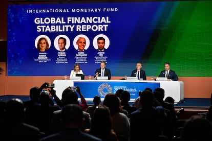 A press conference on the second day of the annual meetings of the IMF and the World Bank Group in Marrakesh, Morocco, 10 October 2023.