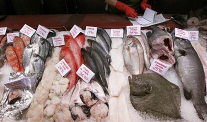 Puesto de venta de pescado de un mercado.