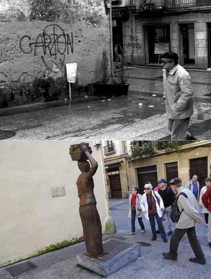 Pintada con el nombre de Garzón en una diana, en la calle Valle Lersundi de San Sebastián en 1996. Abajo, en la actualidad.