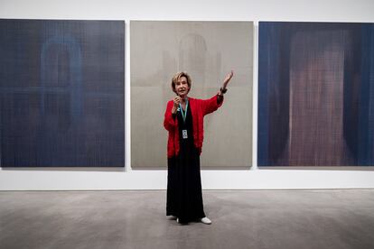 Soledad Sevilla, in front of several of her works from the 'The Alhambra' series.