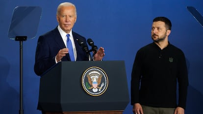 Joe Biden y Volodímir Zelenski, este jueves en la cumbre de la OTAN.