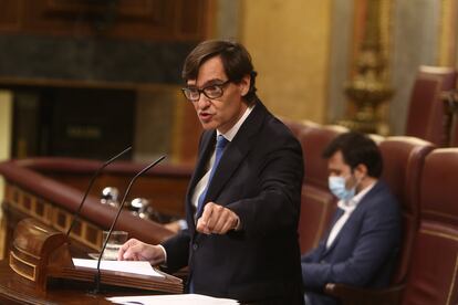 Salvador Illa durante la sesión plenaria en la que el Gobierno solicitó al Congreso la prórroga del estado de alarma.